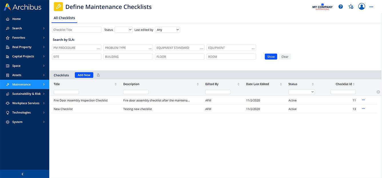 Archibus 25.3 work order maintenance checklists